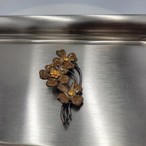 Vintage Enamel Brooch Pin 3" Brown Orange Flower Bouquet Rhinestone AB‎ Flecked - Picture 12 of 14